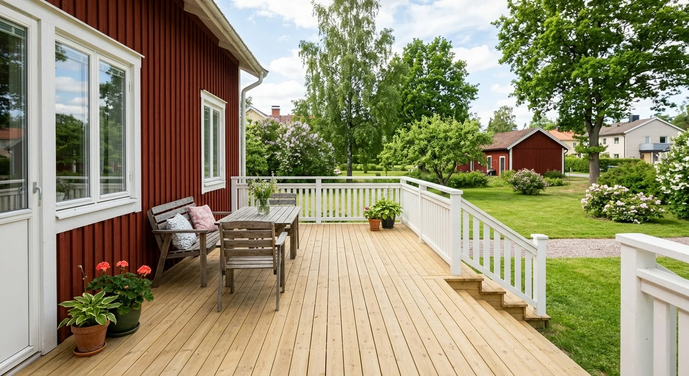 Trädäck vid rött hus och grön trädgård